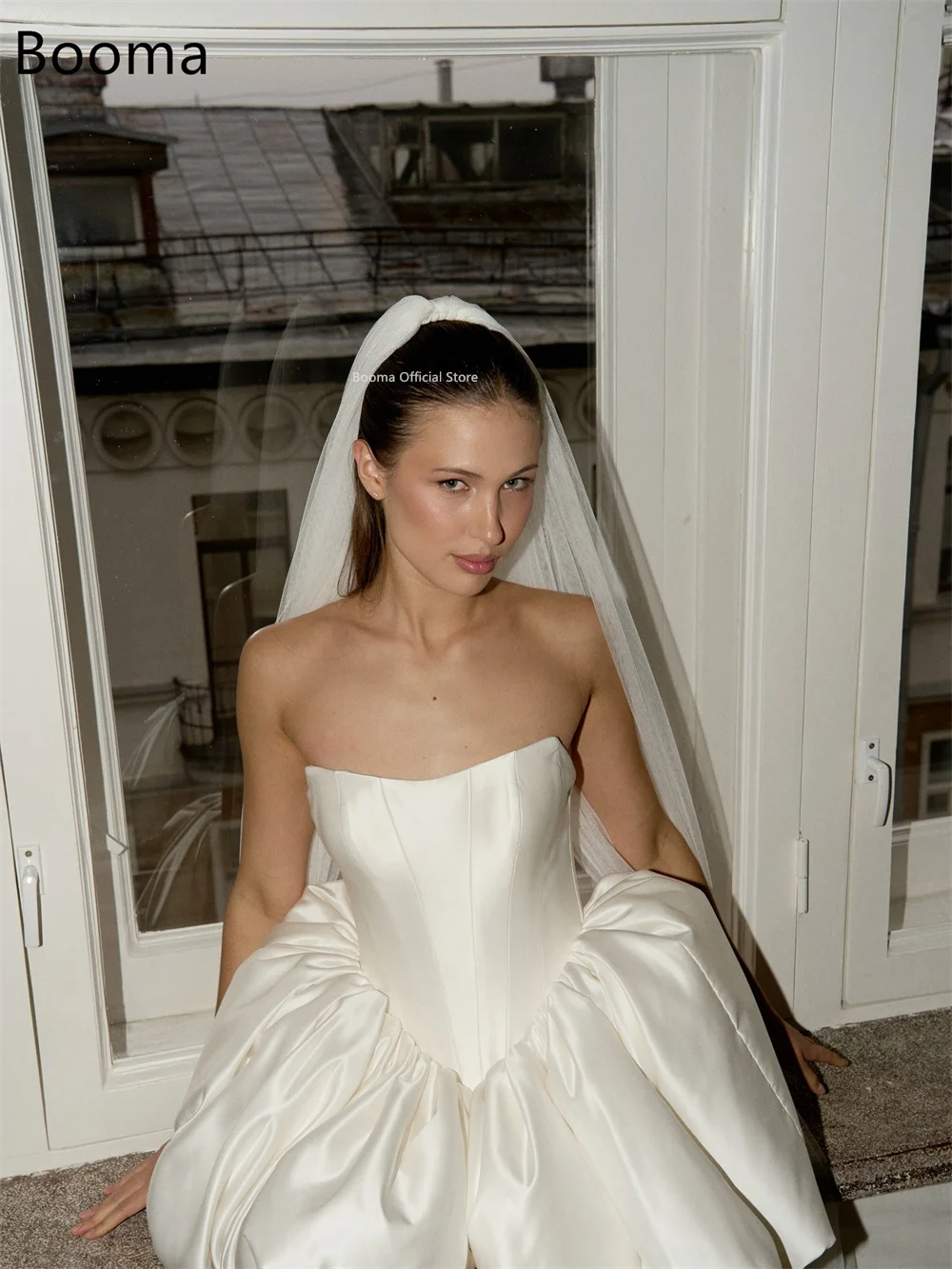 Booma a-line فساتين زفاف كلاسيكية صغيرة بسيطة بدون حمالات من الساتان بسيطة عاجية بدون أكمام فستان عرائس مصنوع حسب الطلب 2025 #2