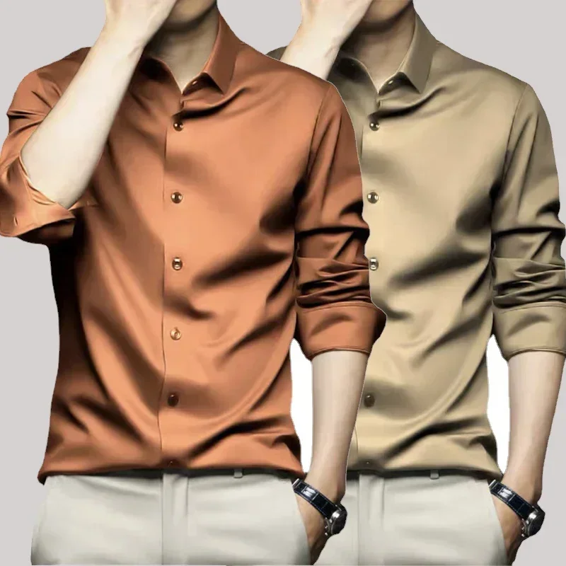 Camisa de manga larga para hombre, color naranja, lujosa, resistente a las arrugas y sin planchar, camisa de vestir informal de negocios sólida,