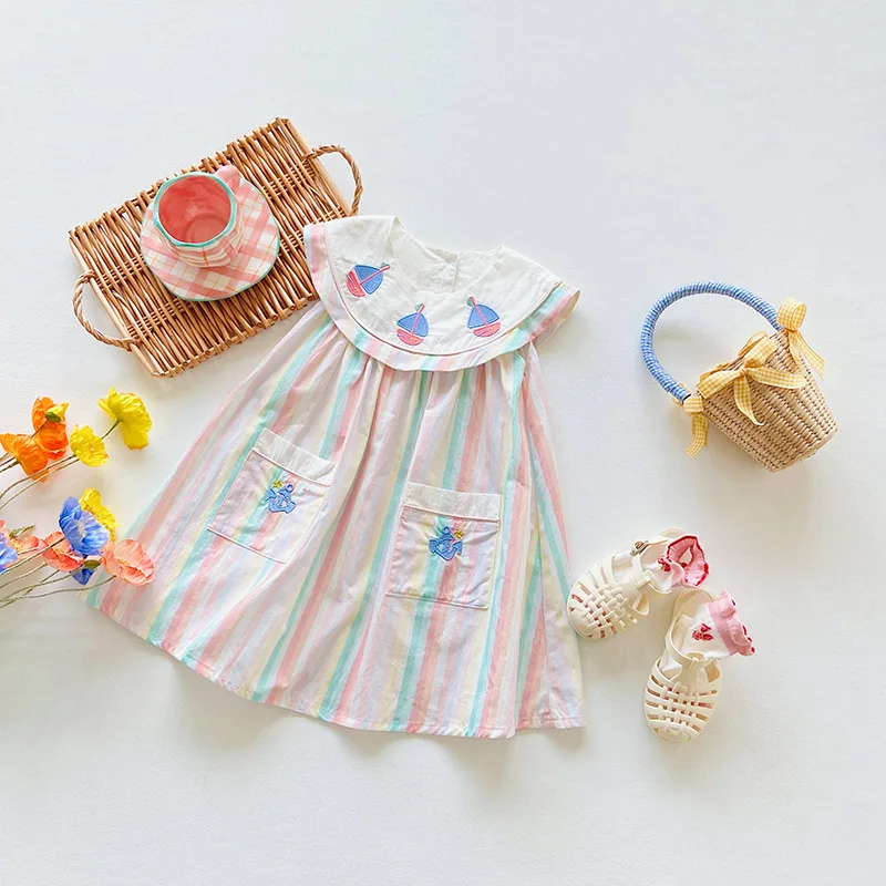 Girls Casual Dresses Sailing Embroidery Stripe Printing O-neck Party Dress Kids 2 To 7 Years Chinese Traditional Dress for Girls