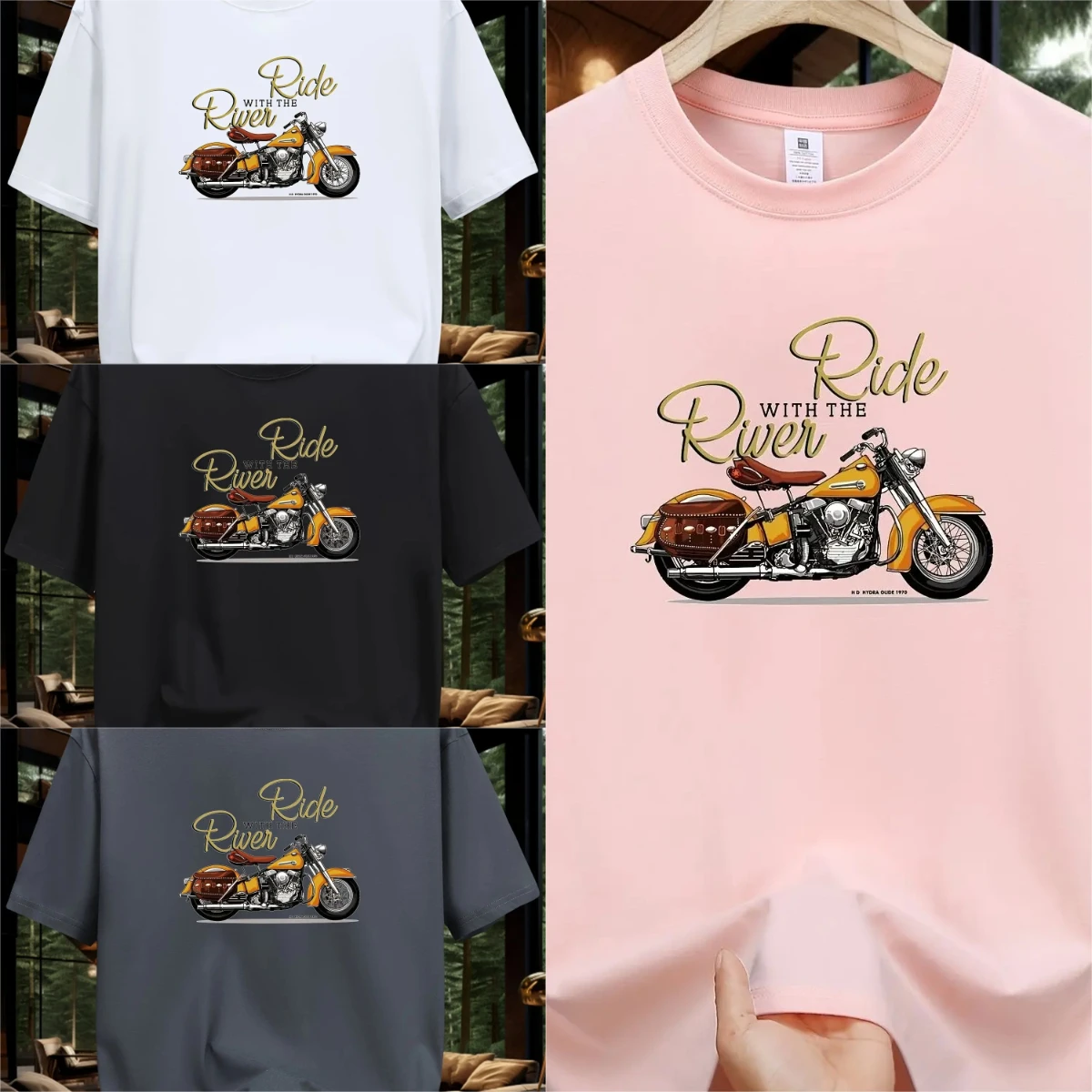 

Spring and Autumn Youth Casual Loose Large Size Classic Motorcycle Pattern Print Round Neck Short Sleeve T-shirt