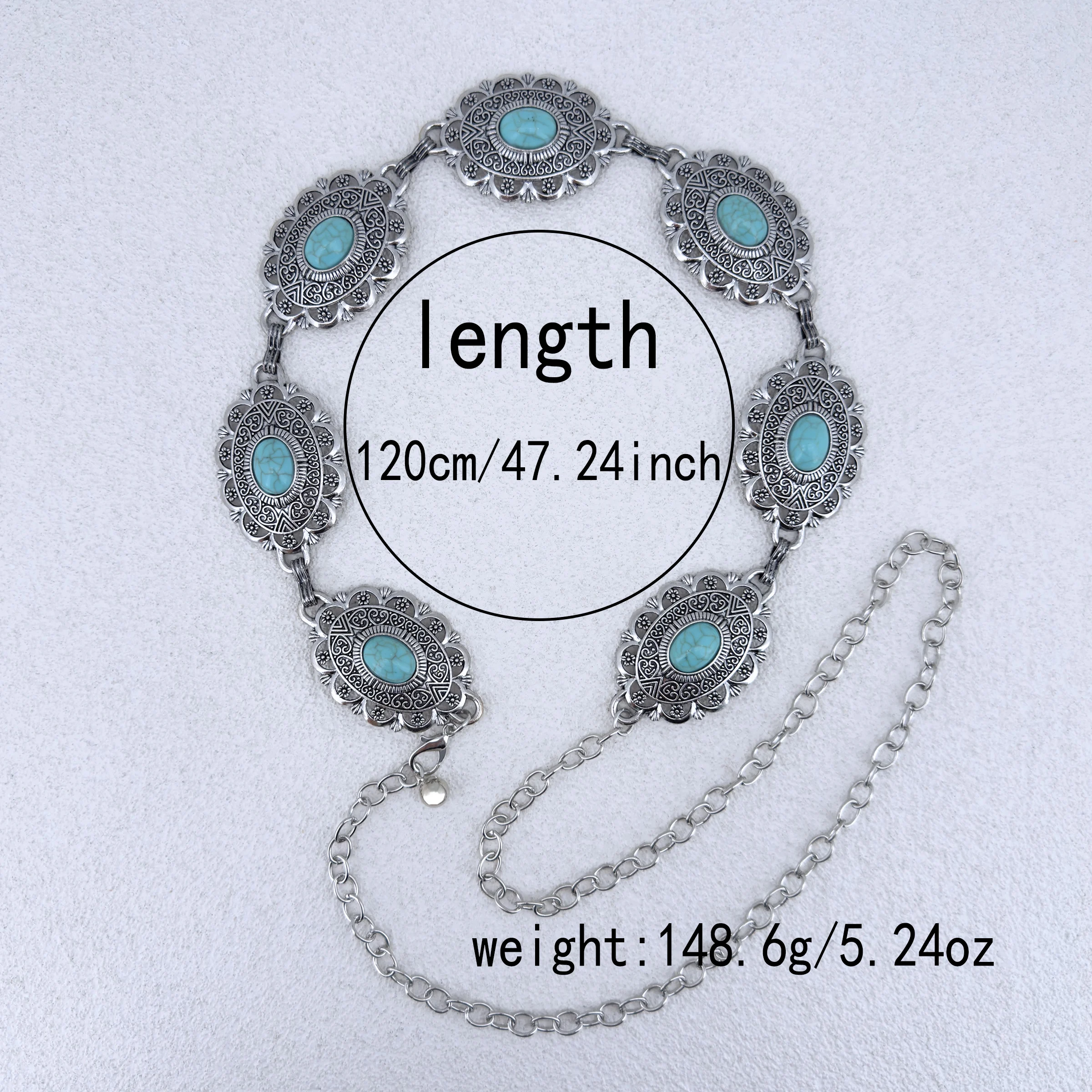 Western Bohemian Ethnic Style Ancient Tin Color Oval Inlaid Turquoise Pattern With Western Trousers Skirt Ladies Waist Chain