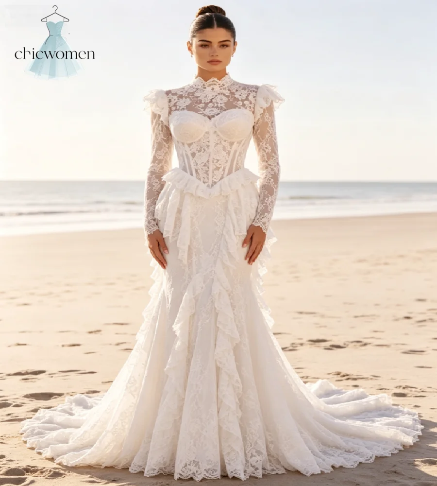 Bohemian Lace Mermaid Wedding Dress Long Sleeve Ruffled Open Back Beaded Tassel Boho Beach Bridal Gowns Cascading Ruffle Celtic