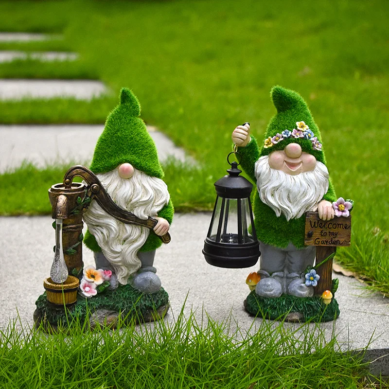 

Flocking Gnome Statues with Solar Lantern Outdoor Resin Ornament Easter Garden Gnomes Funny for Yard and Patio Decor
