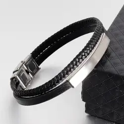 Men Multilayer Leather Cord Bracelet Luxury Stainless Steel Wrist Band Hand-woven Leather Bracelet Snap Bangles Jewelry Gift
