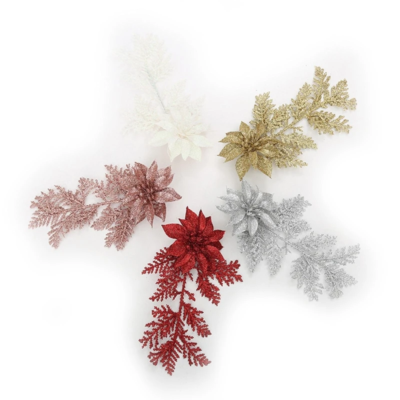 ประดิษฐ์คริสต์มาส Glitter Poinsettia ดอกไม้สาขาสนใบหยิบเครื่องประดับสำหรับพวงหรีดคริสต์มาสต้นไม้