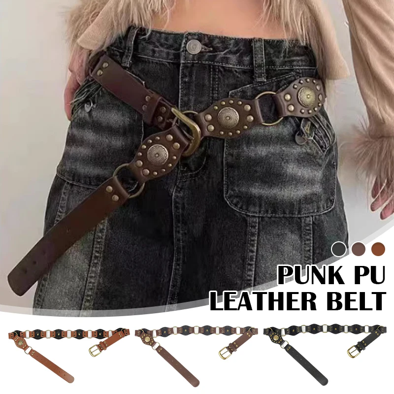 Western Cowboy Style Metal Buckle Belt Medieval Retro PU Leather Women Rivet Decor Needle Buckle Punk Waist Belt Cosplay Costume