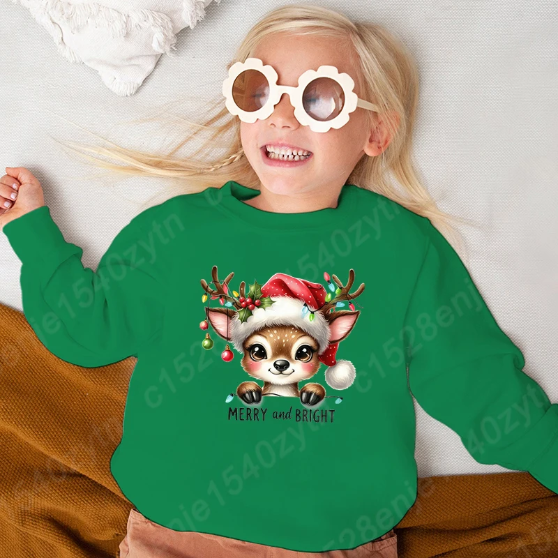 Christmas Light Reindeer Merry And Bright Print Pullovers Round Neck Kids Boys Girls Hoodless Sweatshirt Long-sleeved Sweatshirt