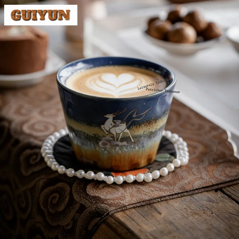 220ml-kiln-fambe-dunhuang-deer-coffee-mug-with-plate-cappuccino-latte-cup-afternoon-tea-mug-cup-saucer-kit-drinkware-decoration