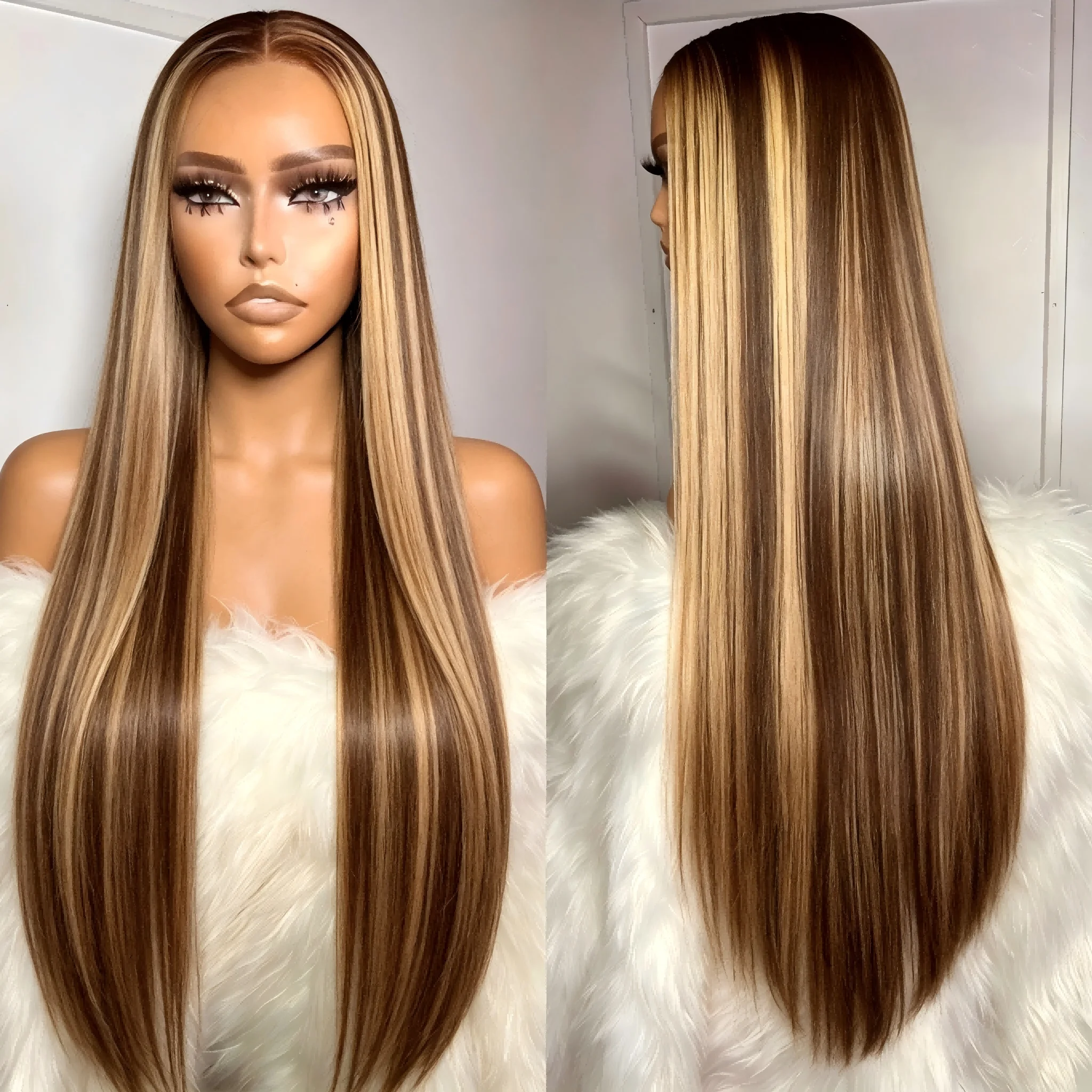 P4/27 Highlight Straight Honey Blonde Lace Front Wig Human Hair Tangle-Free & Long-Lasting Human Hair Straight Honey Blonde Wig 13x4 HD Lace Front Wigs Human Hair