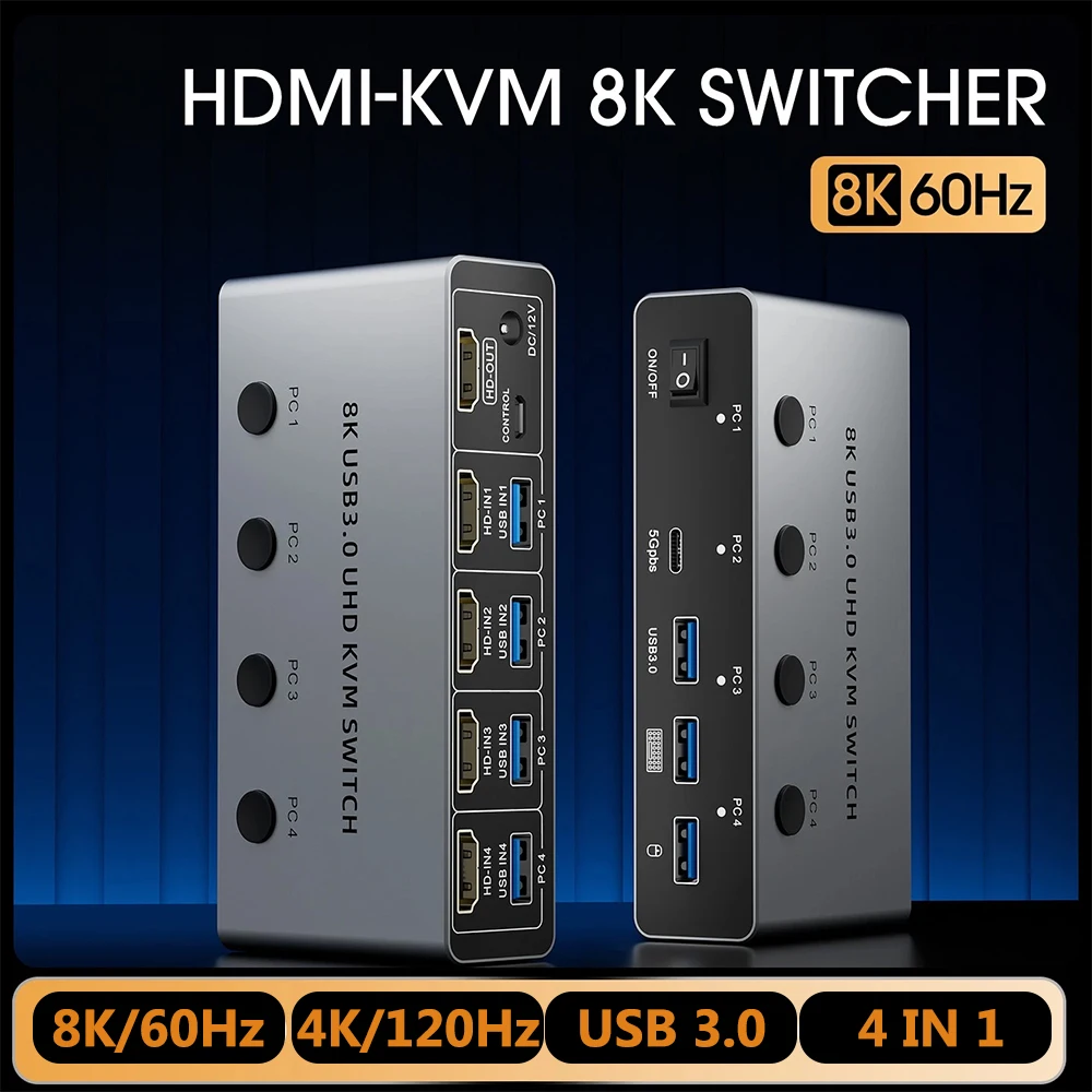 

8K@60Hz HDMI KVM Switch 4X1 for 4 Computers 4K@120Hz HDMI 2.1 USB 3.0 KVM Switcher 4 PC Sharing 1 Monitor Keyboard Mouse