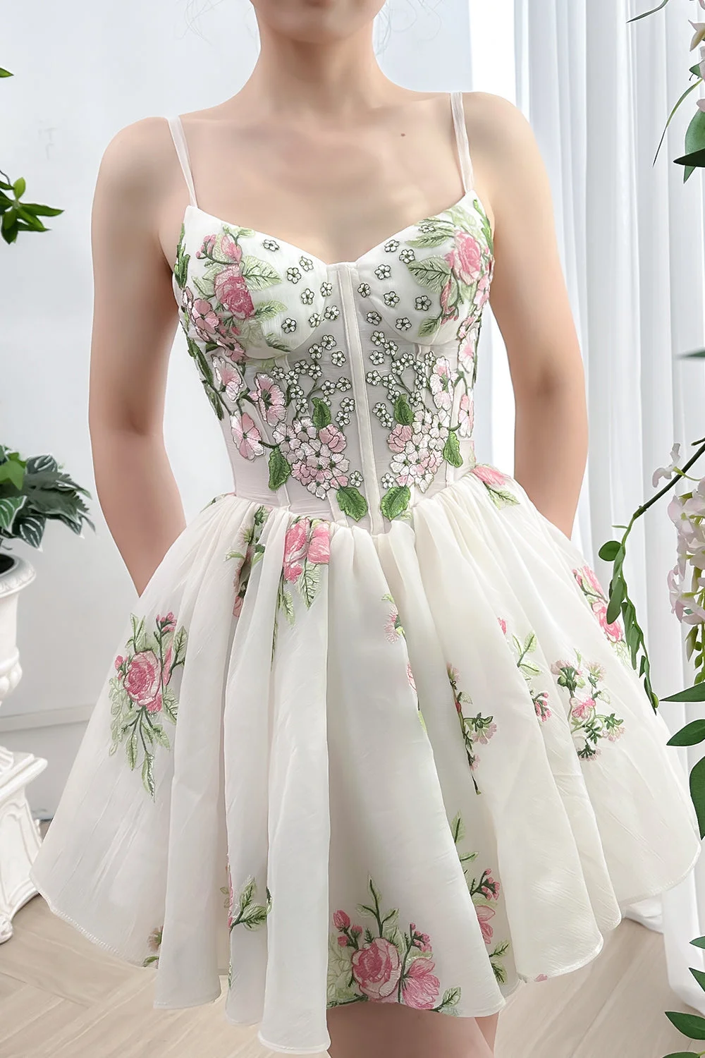 Amanda Customized Spaghetti Strap Floral Prints Ball Gown Mini Prom Dresses Lace-up vestidos de noche Sleeveless Formal Evening