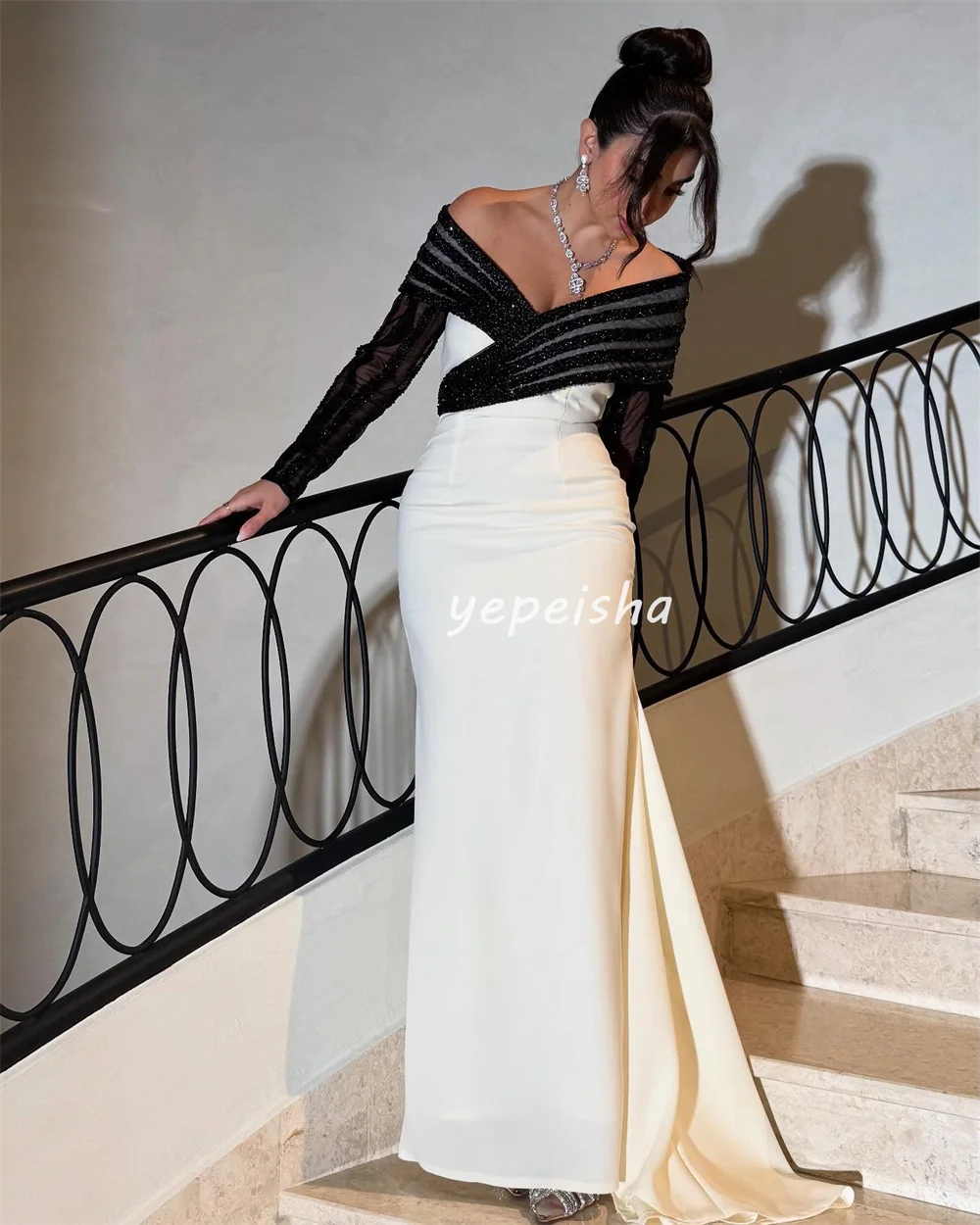 Customized Matching Intricate Jersey Beading Sequined Pleat Mermaid Off-the-shoulder Long Dresses Bespoke Occasion Dresses