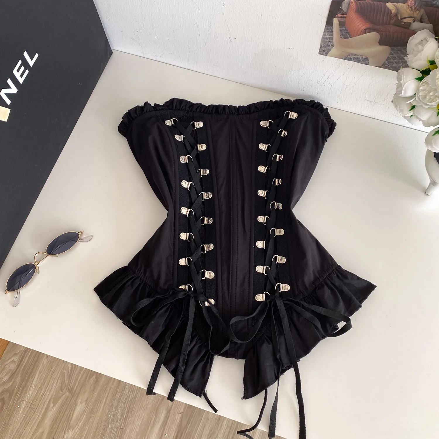 Gothic Chic Black Corset Sexy Off The Shoulder Lace Up Fishbone Vest Party Tops Women Slim Shaper Tank Top Summer Y2k Streetwear