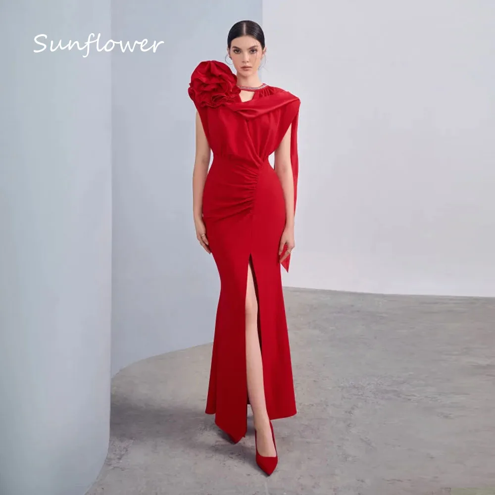 Sunflower Red O-Neck 3D Flowers Crepe Mermaid 2024 Slim Short Sleeves Ocassion Gown Ankle-Length Formal Evening Dress