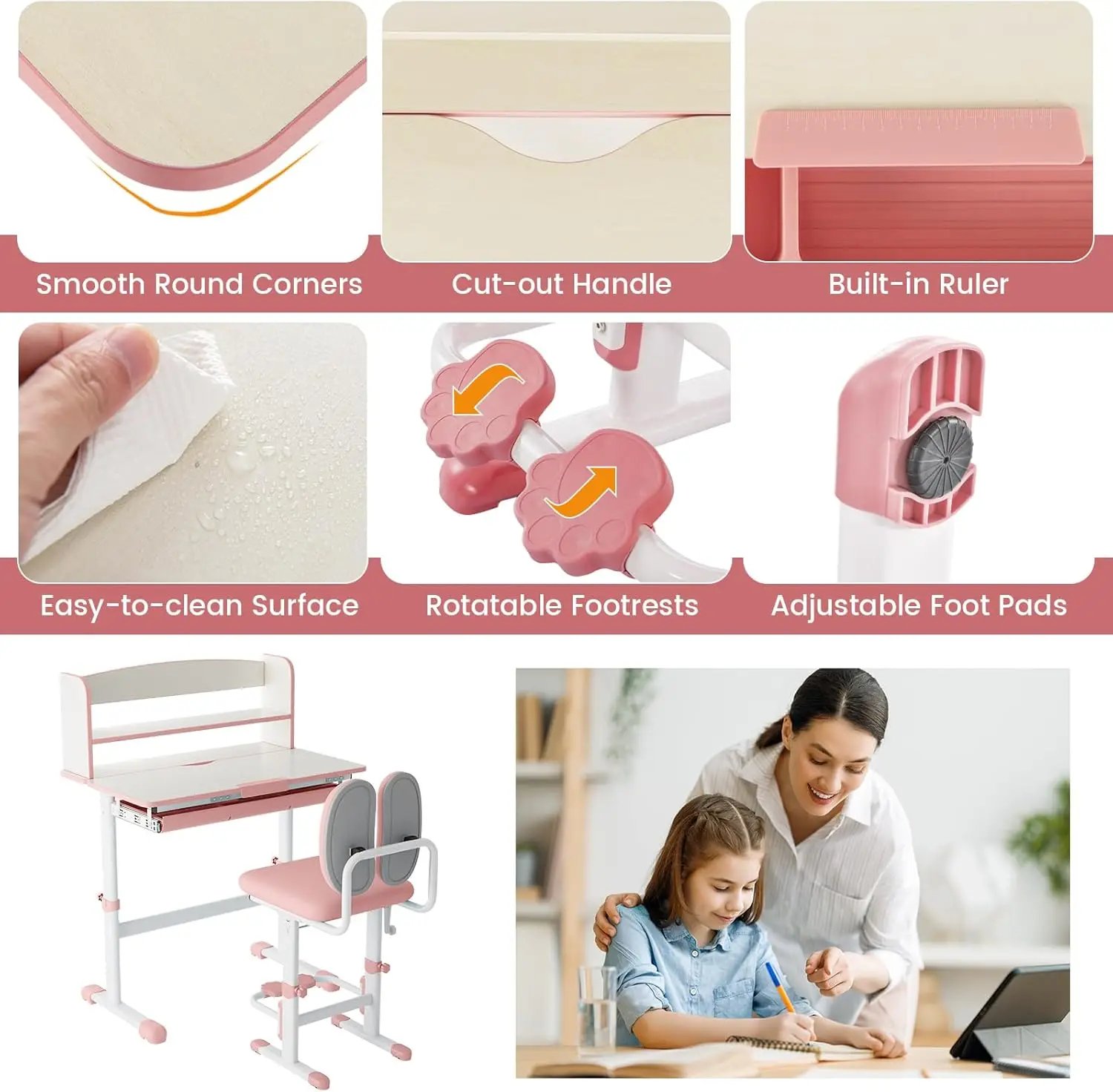 Altura ajustável Desk and Chair Set for Kids, Escola Estudo Tabela, com Tilt Desktop, gaveta de armazenamento, Hutch, Stude