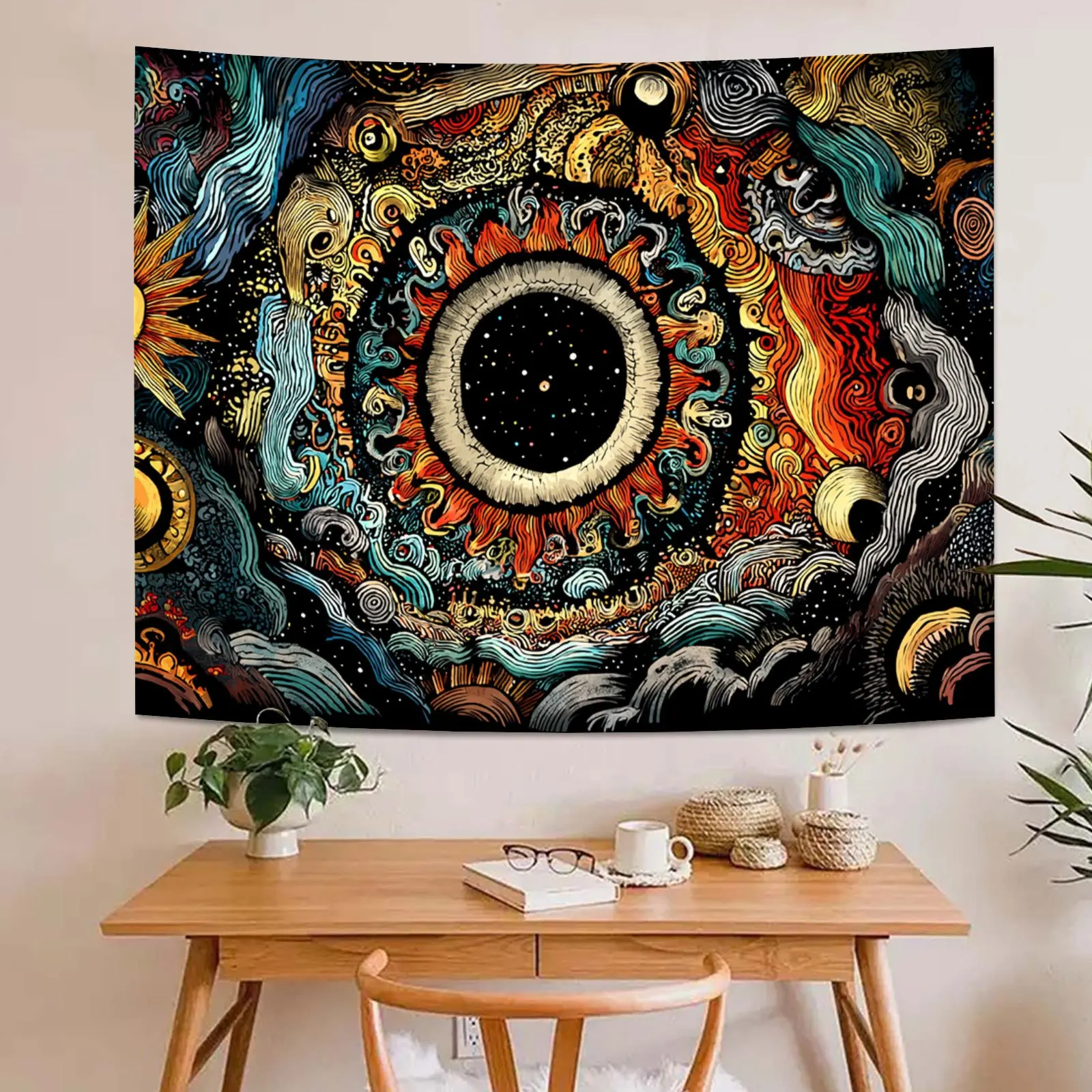 Mystical Eye Tapestry, Trippy Print with Cosmic Eye, Swirls & Astrological Symbols,Wall Art for Living Room, Dark Bohemian Decor