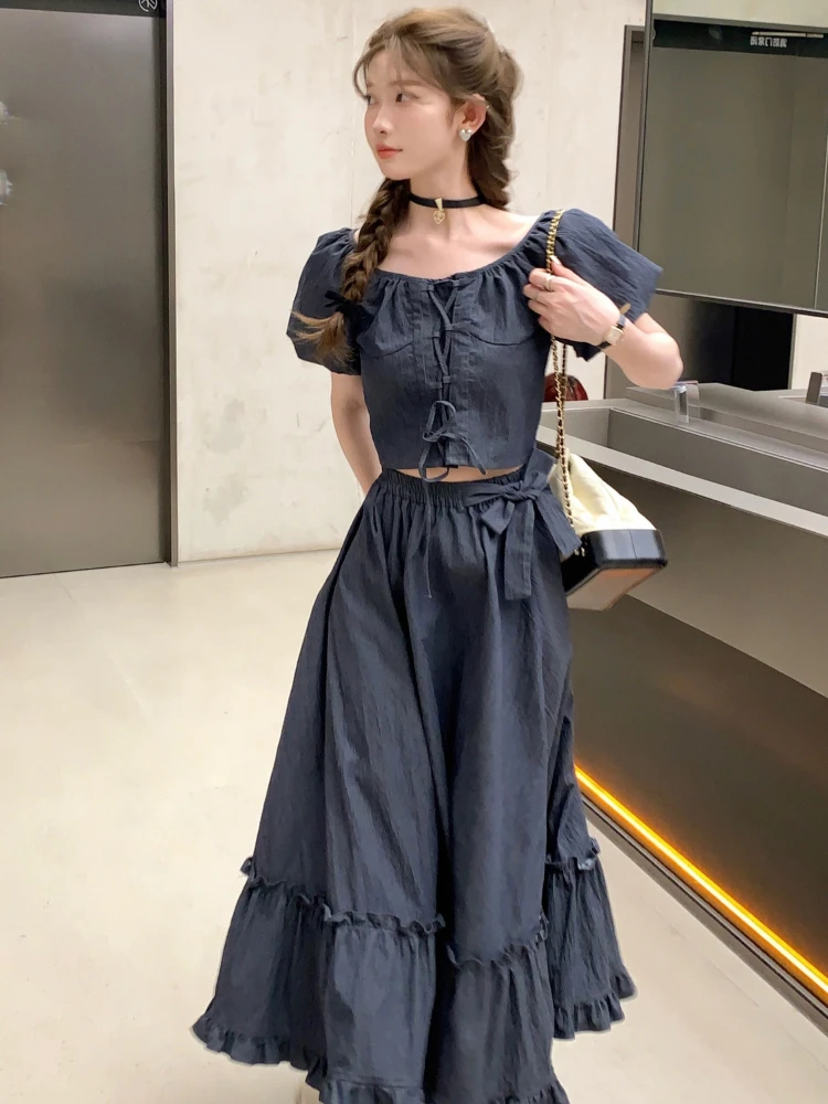 Fashion Vintage Matching Sets Puff Sleeve Lace Up Crop Tops Bow Ruffles High Waist Long Skirts Solid Color Denim Women Clothing