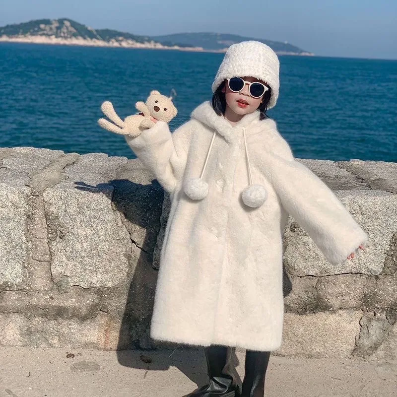 

Зимнее детское шерстяное пальто для девочек, однотонное утепленное пальто из искусственного меха с капюшоном для девочек, флисовое пальто средней длины, парка для девочек