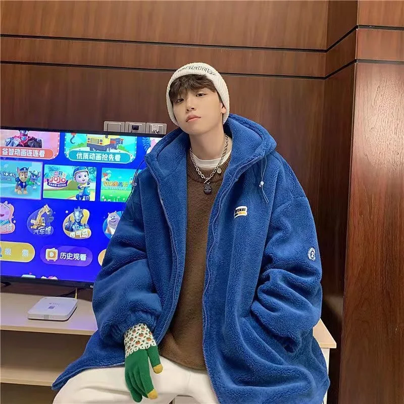 Klein Blue Lamb Wool Cotton Clothes Men's Winter Velvet Thickened Technology Warm Hooded Jacket Trendy Casual Cotton-padded