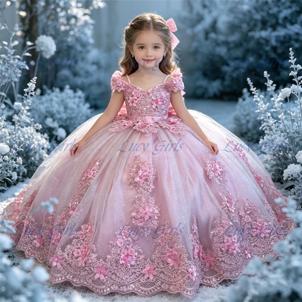 Luxury Quality Lace Applique Flower Girl Dress Tulle with Ruffles Sequin Girls Layered Ball Wedding Gowns for Girls with Bow