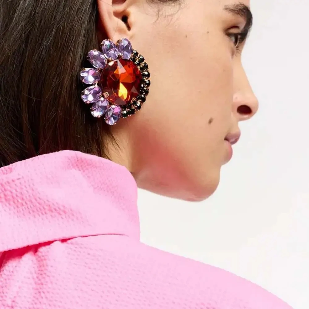 Exaggerated Rhinestone Round Earrings Jewelry Women Party Advanced Colorful Crystal Geometric Stud Earrings Accessory Wholesale