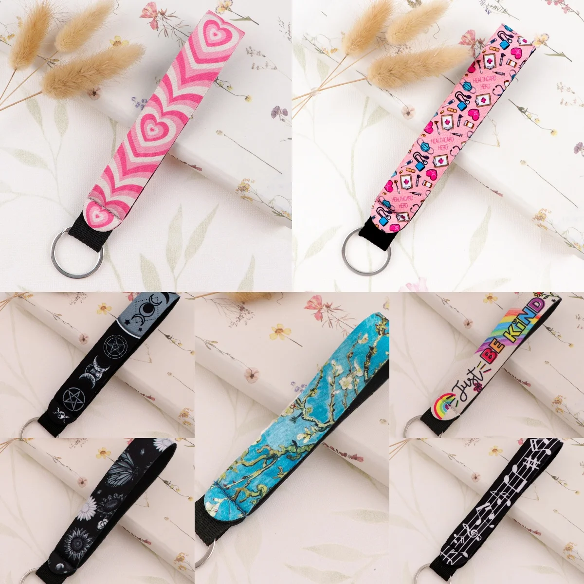 

Pink Doctor Love Wrist Straps Key Chain for Car Women Men Hanging Vintage Flowers Moon Keychain Wrist Chain Pendant Accessories