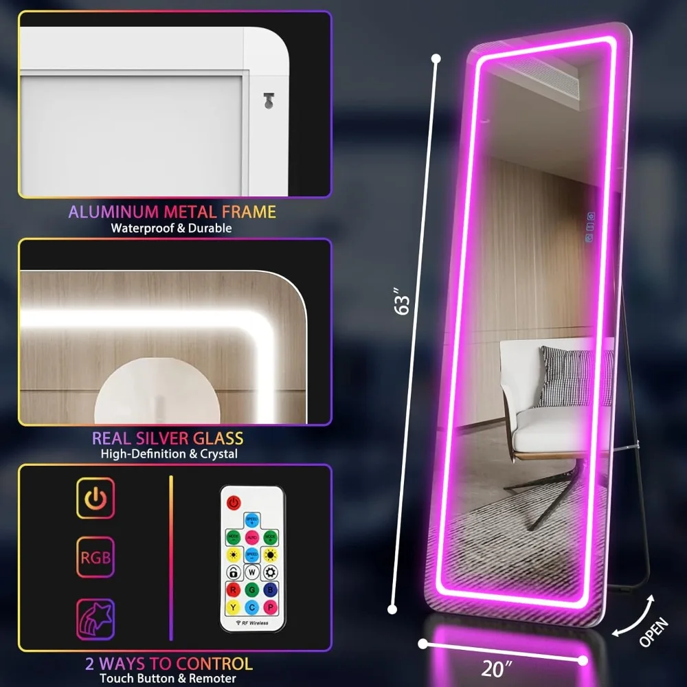 مرآة كاملة الجسم بإضاءة LED، مرآة قائمة مقاس 63 بوصة × 20 بوصة، أضواء يعتم كاملة الطول، مرآة الجسم كاملة الحجم، مرآة مضاءة بإضاءة RGB