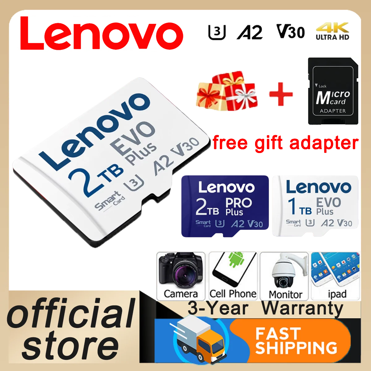 

Карта памяти Lenovo 2TB Sd High Speed Class10, U3, A2 Ultra HD Micro TF/SD Card с адаптером для телефонов, экшн-камер и дронов