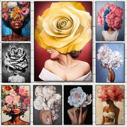 Flowers Feathers Woman Abstract Poster Self-adhesive Art Waterproof Paper Sticker Coffee House Bar Room Wall Decor