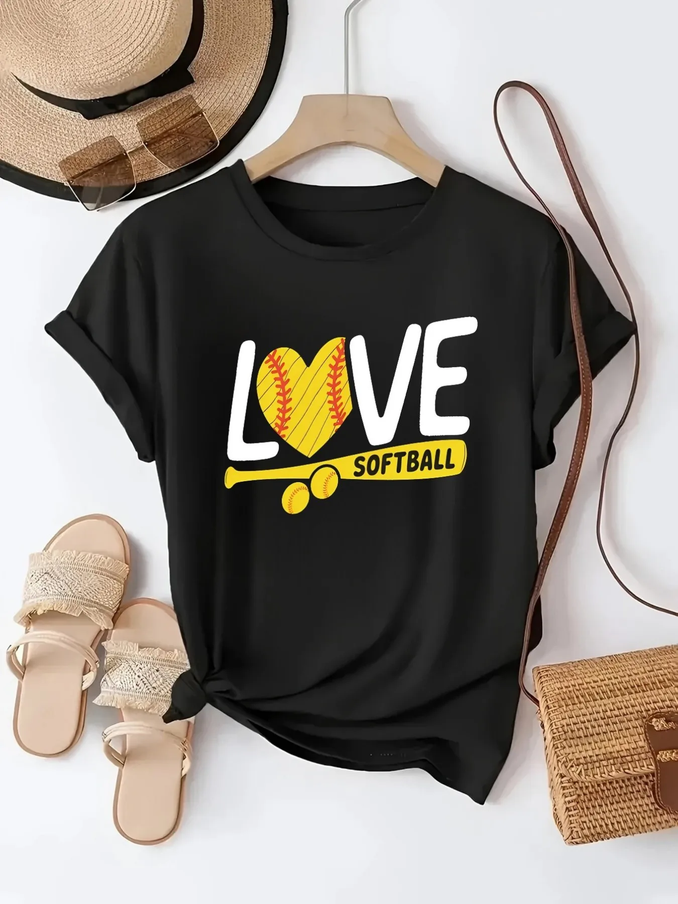 Plus size women's short sleeve T-shirt Love Softball Heart Bat Ball breathable fabric summer outfit women's clothing