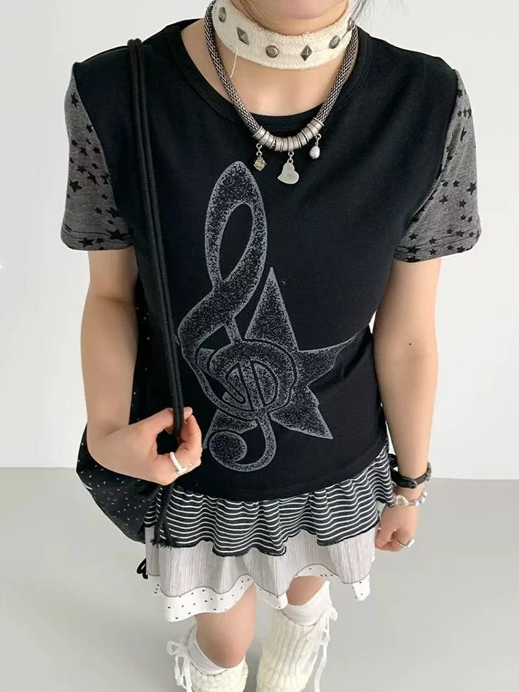Musical Note Print Women T Shirt Y2K Harajuku Summer Patchwork Short Sleeve Tops Japanese Vintage Grunge Color Block Tees New