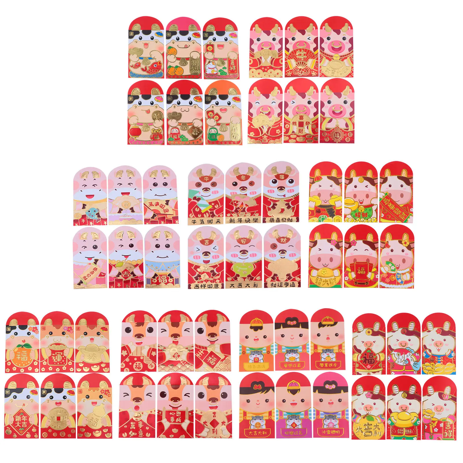 54Pcs Cute Cartoon Ox Pattern Red Envelopes Paper Red Packets for Chinese New Year Money Gift Bags Money Bags Packets