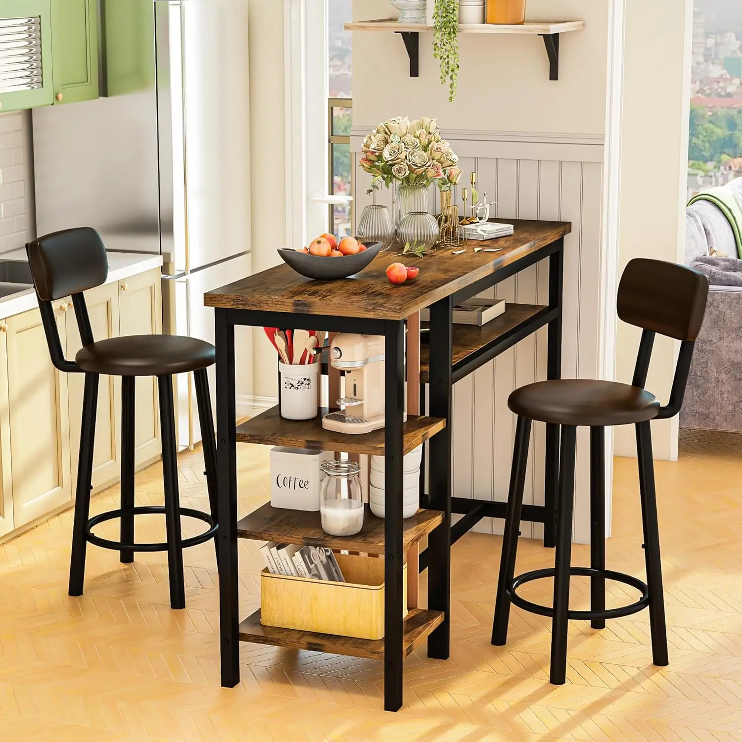 Conjunto de mesa de bar de 3 peças, conjunto de jantar moderno com altura de balcão de cozinha com armazenamento e encosto