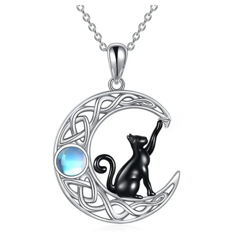 Creative Fashion Simple Celtic Moon Star Black Cat Pendant Necklace Women Jewelry Geometric Shape Animal Element