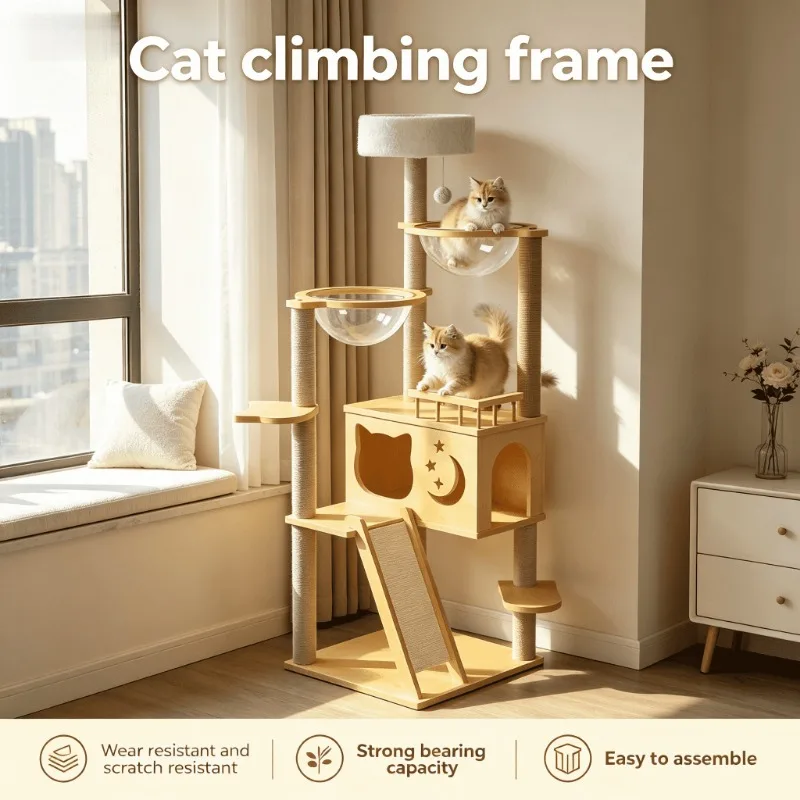 Durable Multi-Level Wooden Cat Tree Tower - Space Capsule Bed & Scratching Post Large Indoor Condo with Play Platform for Cats