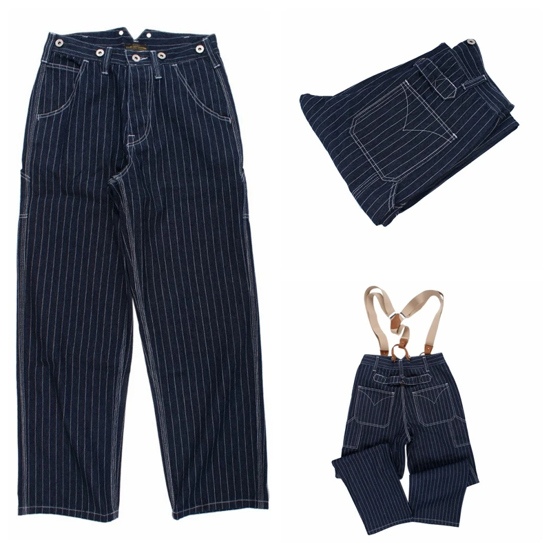 

American Vintage Loose Fit Workwear Denim Pants Men's Casual Stripe Versatile Long Trousers Straight Leg Multi ket mid Waist