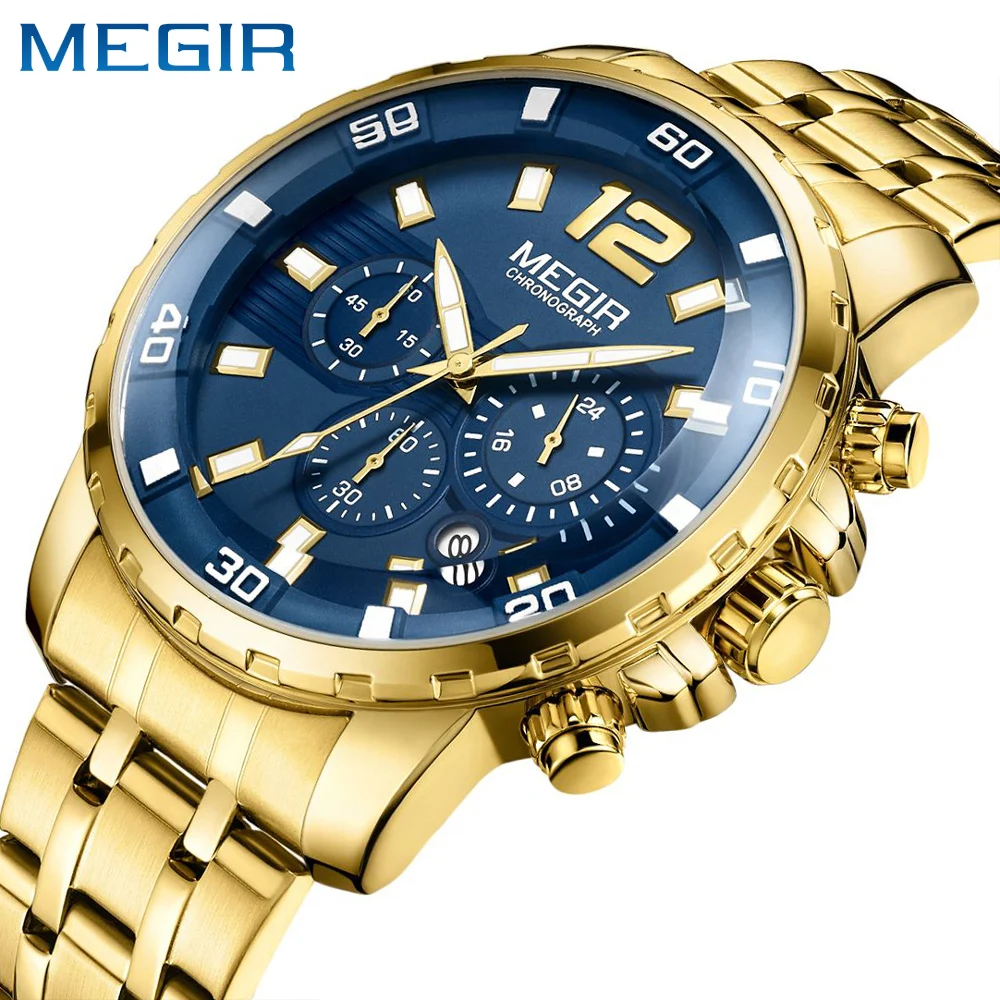 MEGIR Stainless Steel Chronograph Quartz Watches for Men\'s Waterproof Lumious Analogue 24-hour Sports Man Wristwatch Auto Date