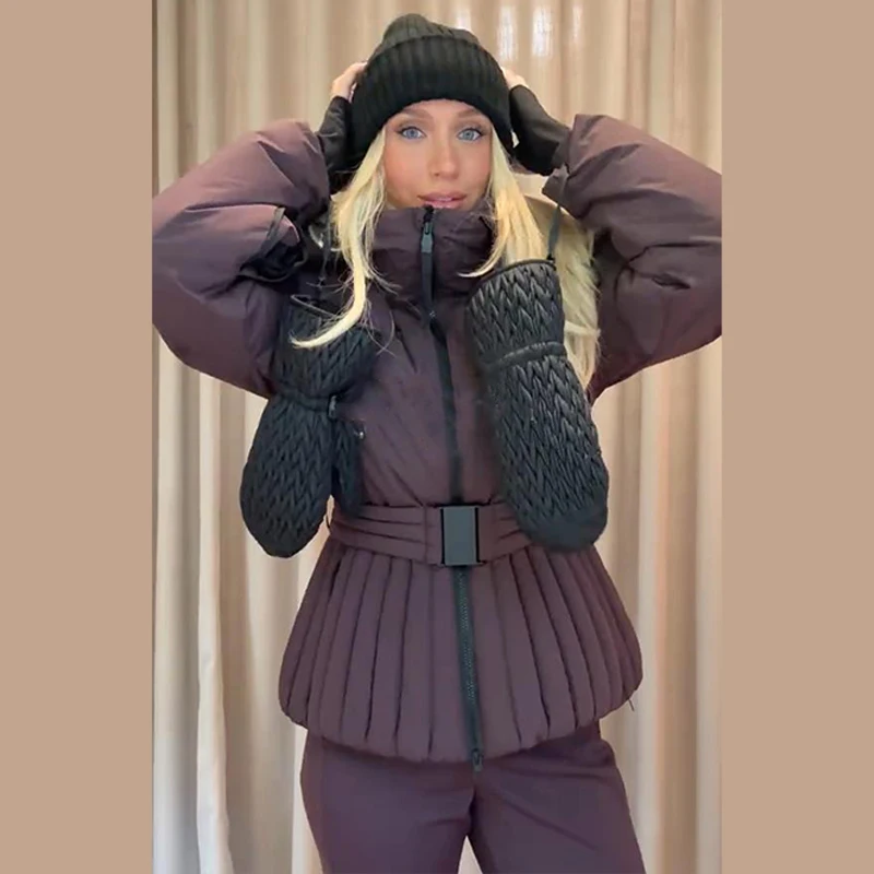 Hooded Skiing Coats Women Solid Stand Collar Belts Pleated Zippers Full Sleeve Thicken Cotton Jacket 2026 Winter Lady Outwears