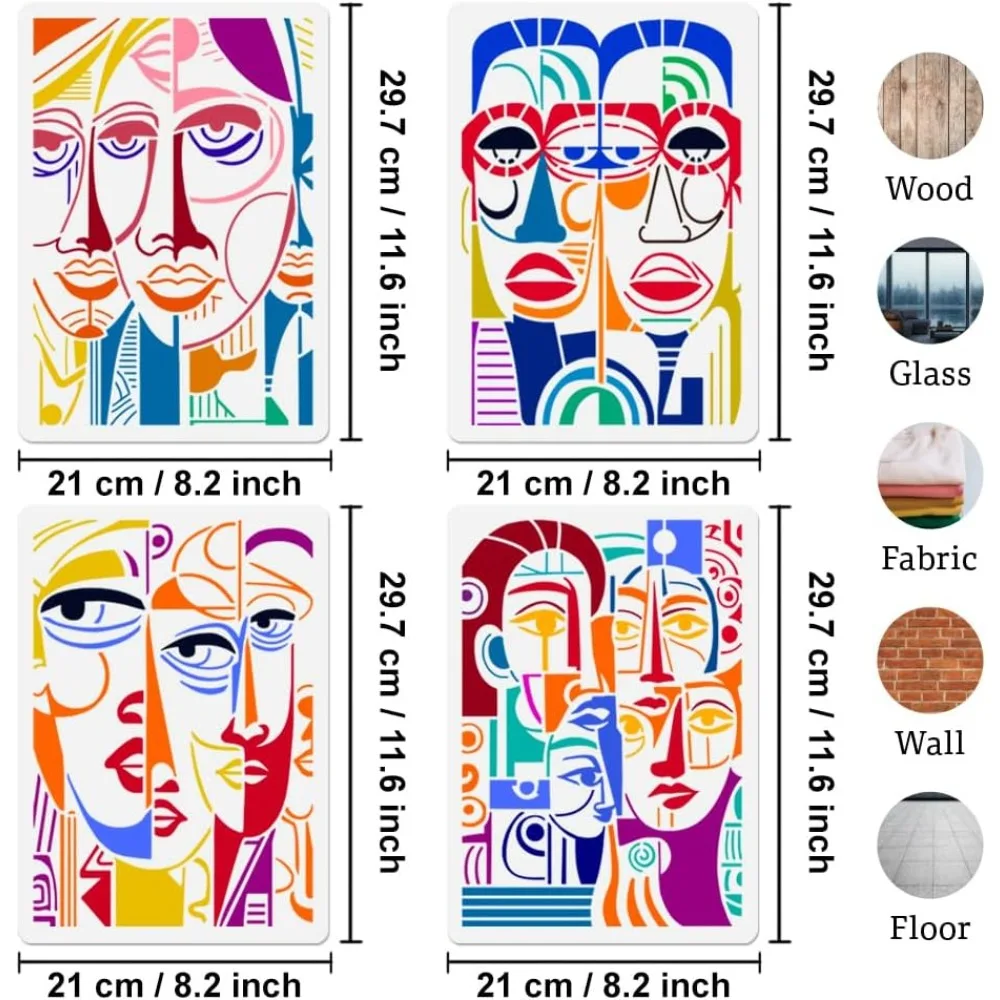 4Pcs Modern Abstract Faces Stencils for Painting 11.7