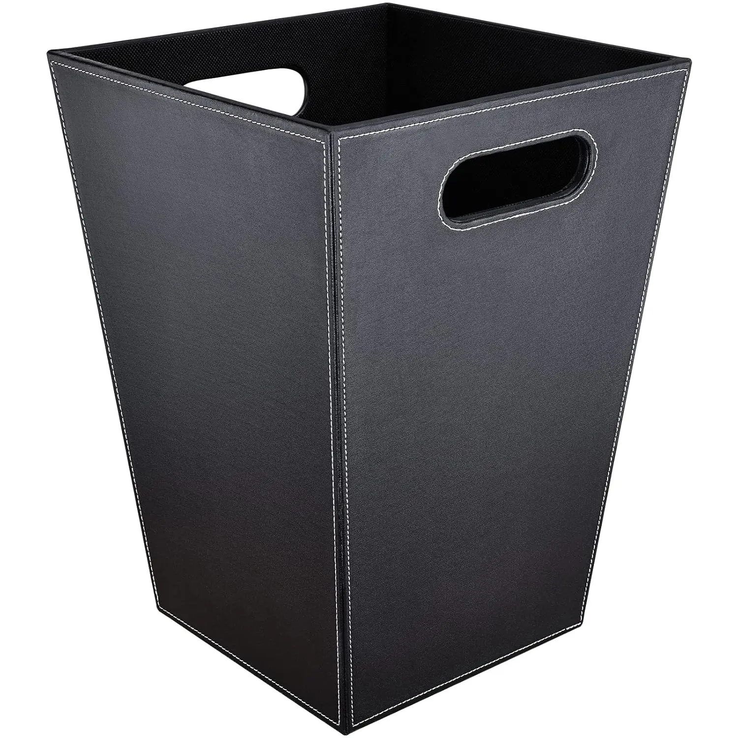 

16L Square Leather-Look Trash Can with Handles for Bedroom, Office, Bathroom, Dorm - Easy to Clean Black Waste Basket