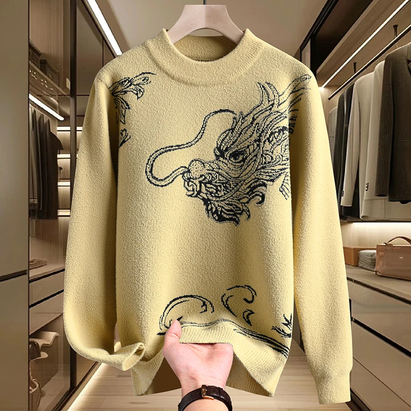 

Fashion Men's Dragon Print O-Neck Sweater Collar Long Sleeve Winter 2025 Clothes Men Fleece Warm Men Tee Tops