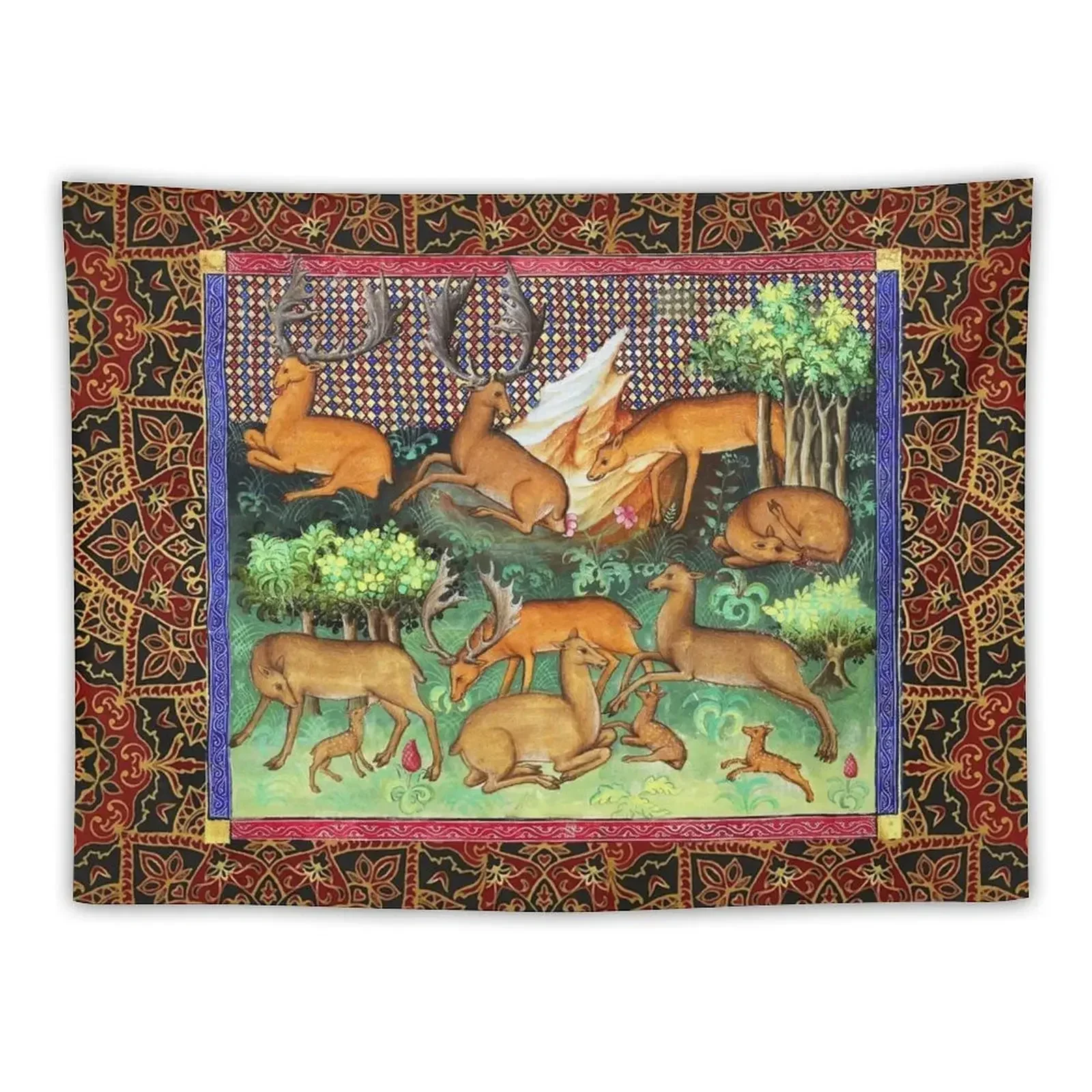 BOOK OF HUNTING ,DEERS,STAGS IN WOODLAND GREENERY Medieval Miniature Tapestry Room Decoration Accessories Tapestry