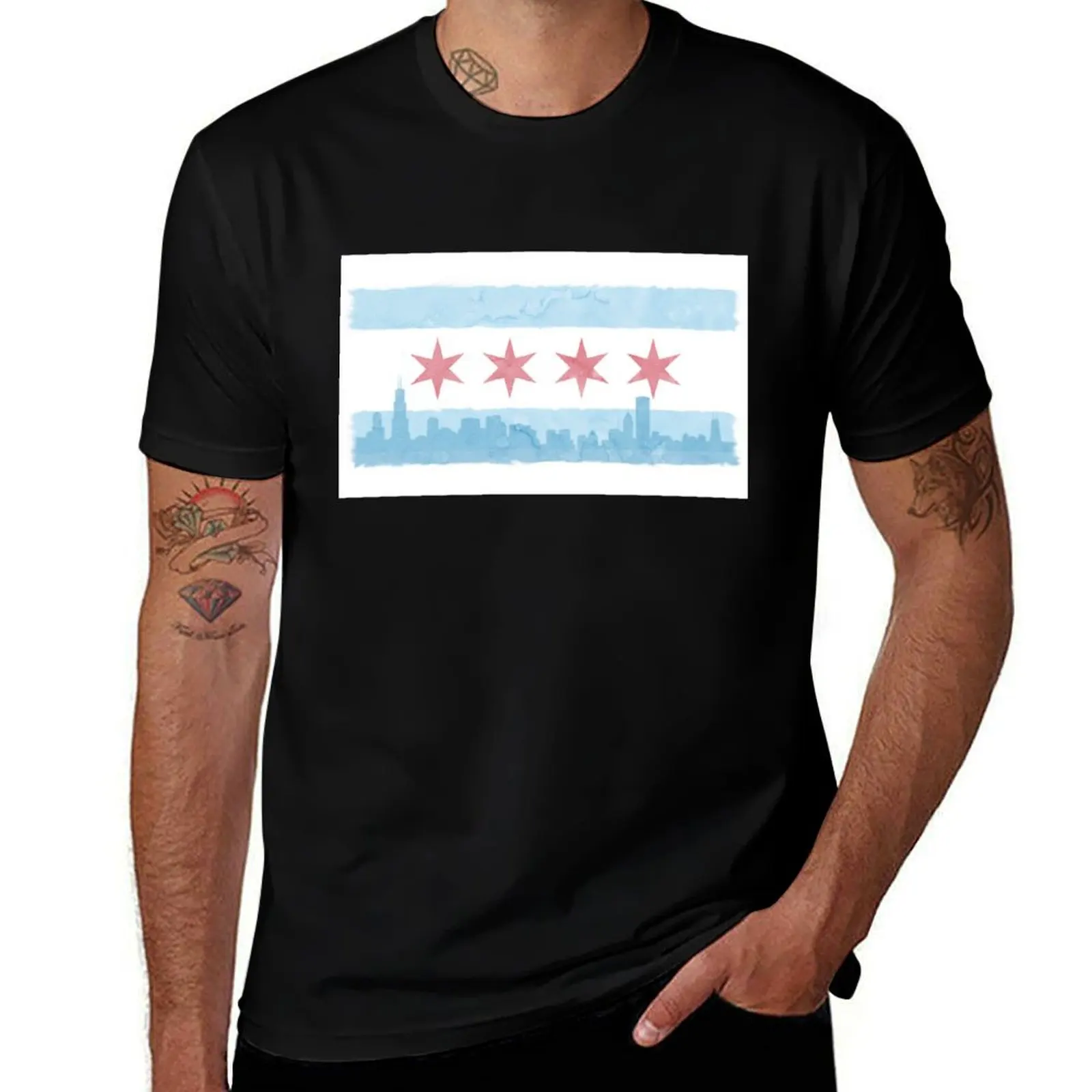 

Chicago Flag and Skyline - Watercolor T-Shirt clothes summer top sports fans boys animal print slim fit t shirts for men