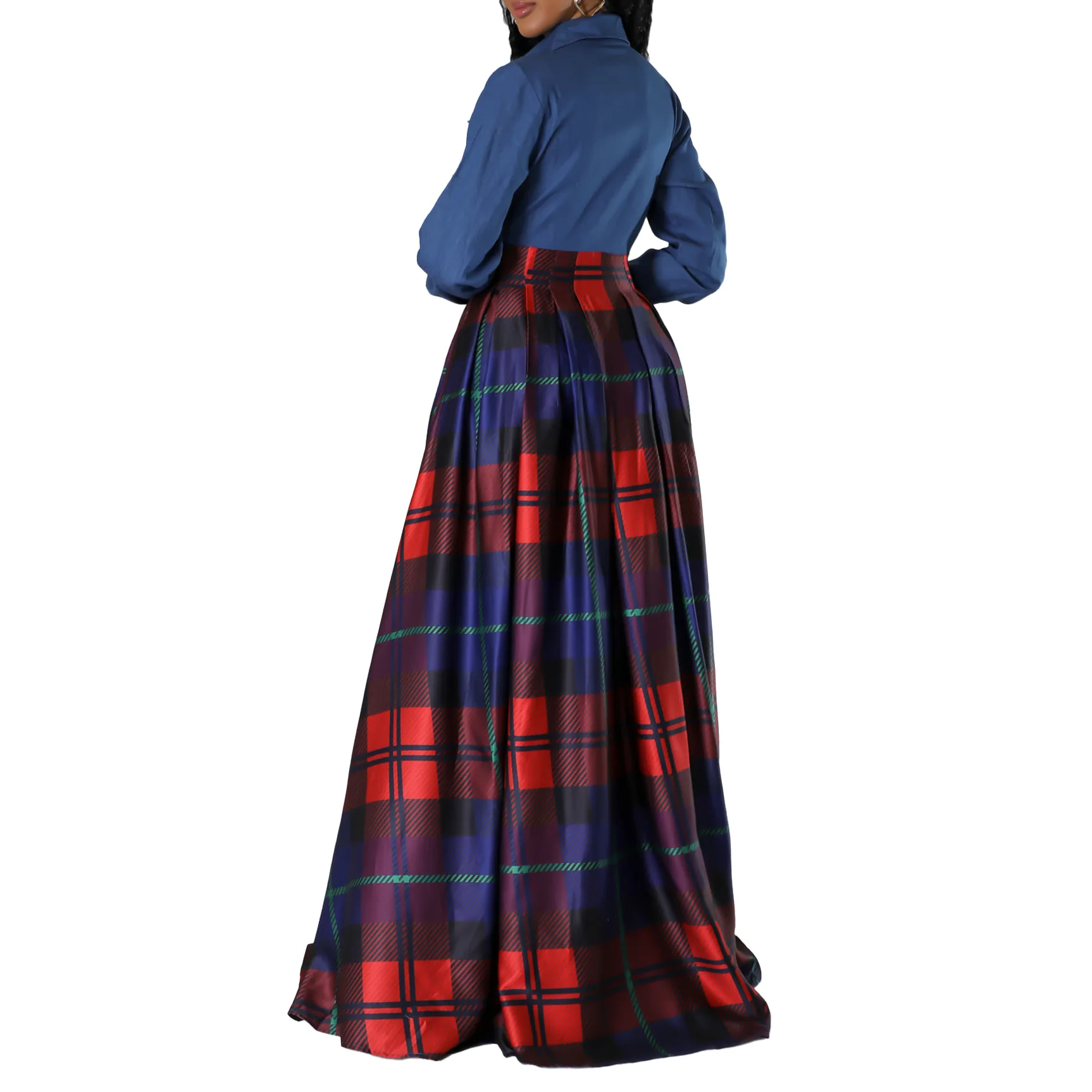 Women Fashion Casual Plaid Printed Lapel Neck Shirt Dress 2025 New Long Sleeves Patchwork Buttons Mxi Dresses Real Picture