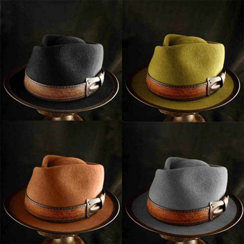 

New Fashion Unisex Classic Hot Sale Leather Hemmed Wool Hat Men Women Fashion Pure Wool Top Hat Western Fedora Short Brim Hats