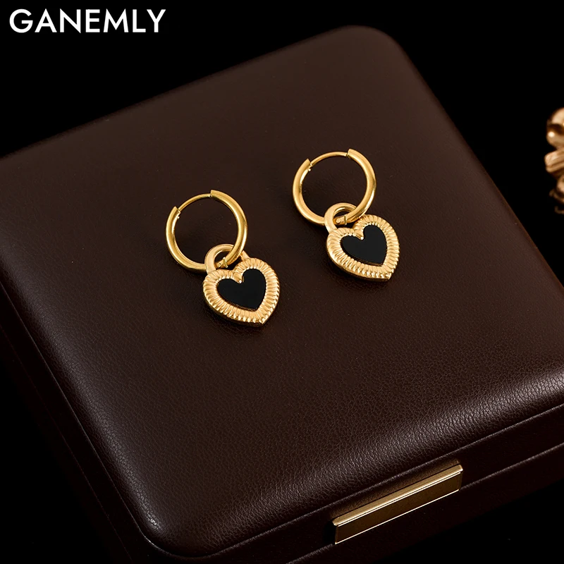 GANEMLY 316L Stainless Steel Black White Reversible Heart Charm Earrings Fashion Waterproof Ear Jewelry For Women Gift Party