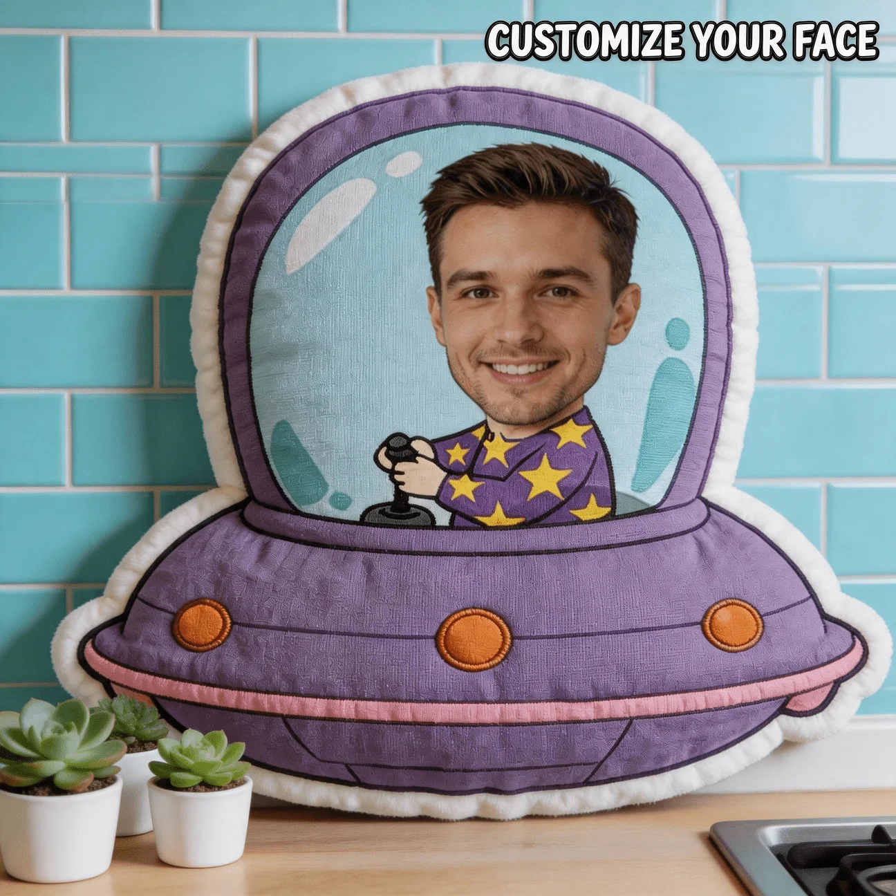 Custom Face UFO Spaceship Shaped Pillow, Personalized Photo Astronaut Pilot Decorative Cushion, Purple Novelty Home Decor Accent