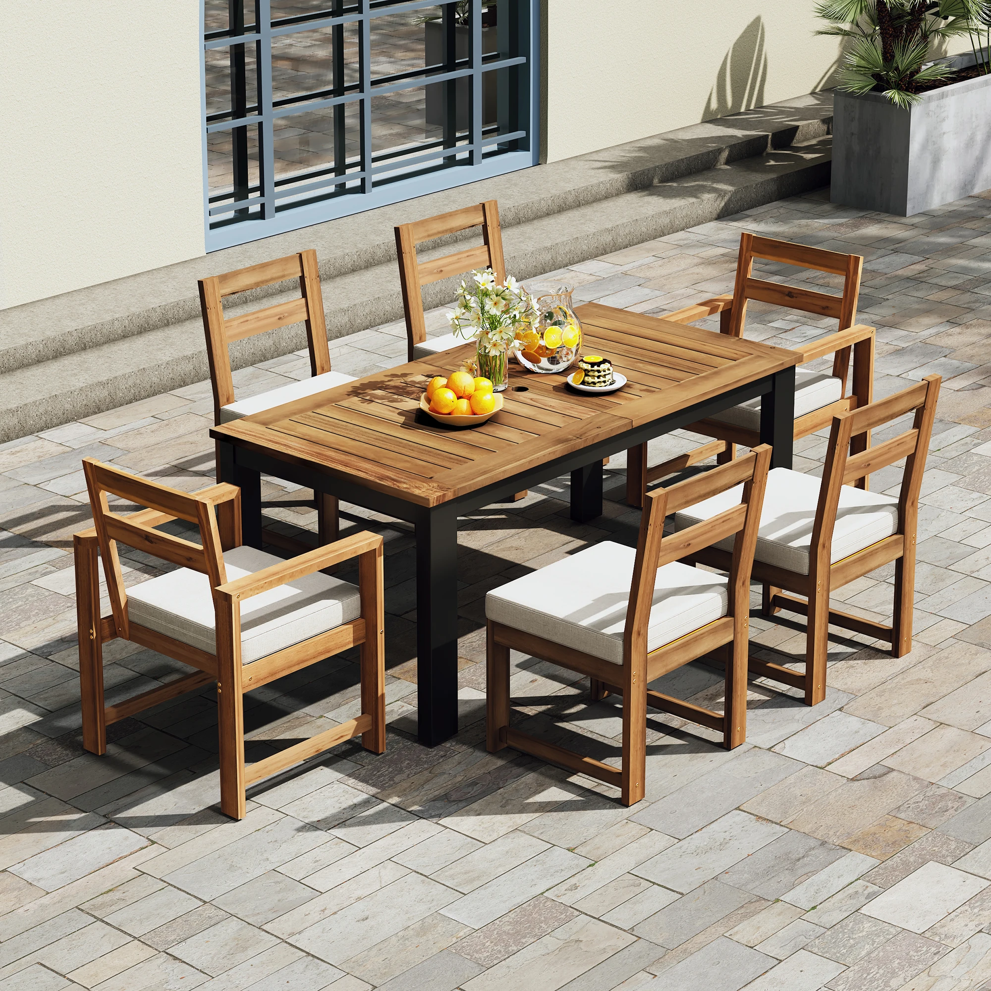 

7PC Teak Patio Set w/ Umbrella Hole, 2 Arm & 4 Side Chairs for Garden/Poolside, Light Teak+Beige
