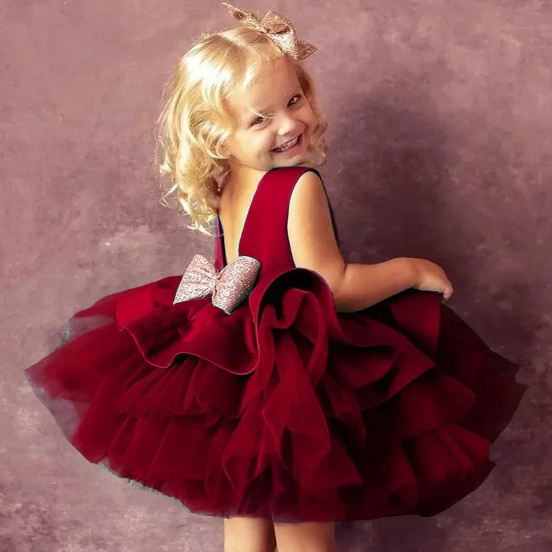 

Elegant Baby Girls Party Dresses Puffy Layered Flower Girl Princess Dress For Weddings Fashion Backless Bowknot Evening Dress