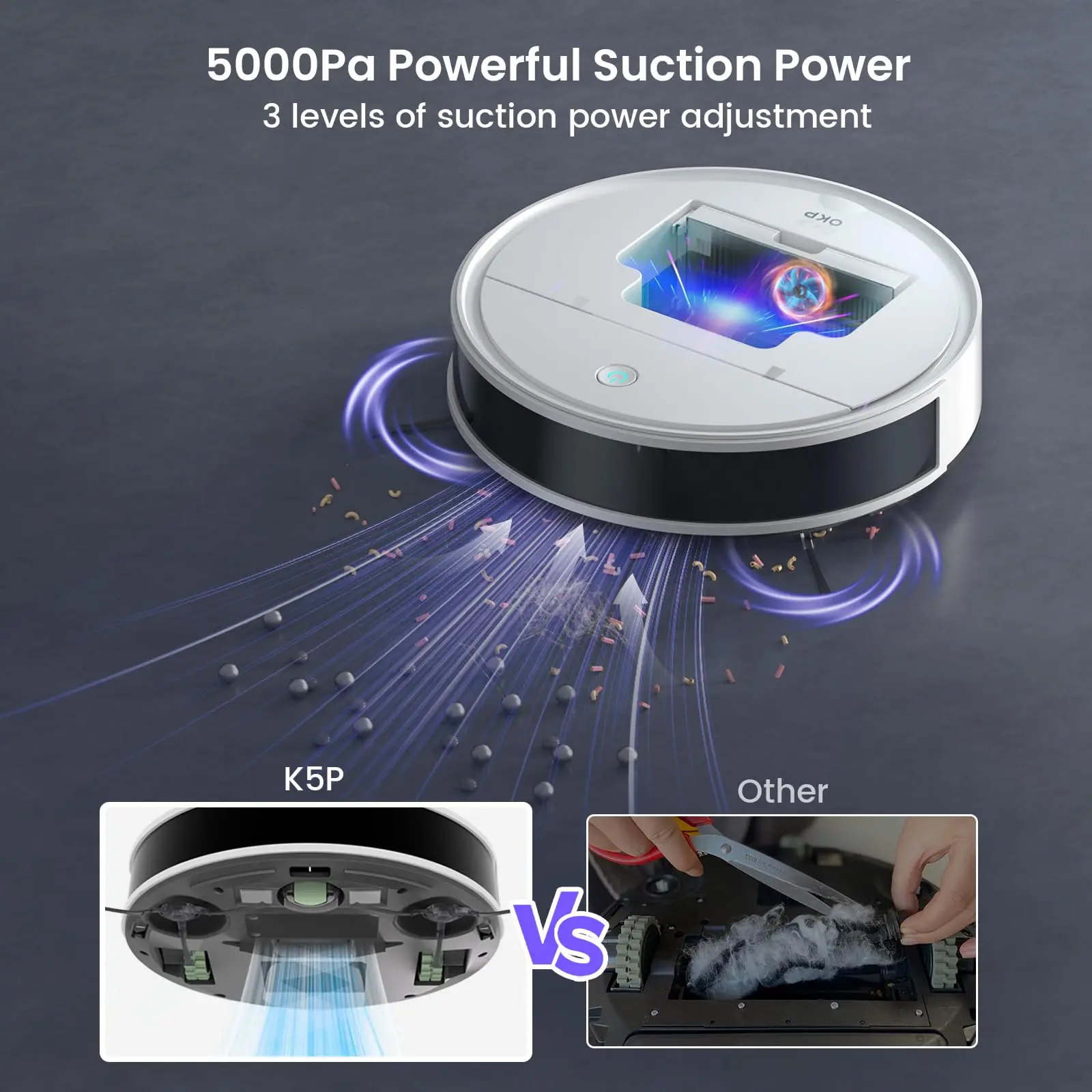 OKP K5P Robot Vacuum Cleaner, 5000Pa, 180 Minutes, WiFi/App, Self-Charging, Perfect for Hard Floors, Animal Hair, Carpets